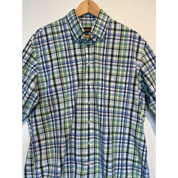 Neiman Marcus Mens Large Plaid Trim Fit Button Up Shirt Blue Green White Plaid - Picture 5 of 12